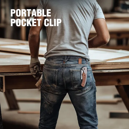 Miniatura 7 de WORKPRO - Cuchillo utilitario plegable, cortador de caja de cambio rápido con cabezal de acero inoxidable y bloqueo de alineación, mango de madera