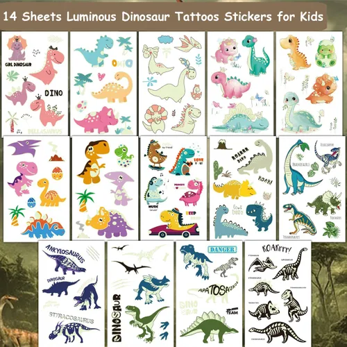 Miniatura 2 de CHARLENT Tatuajes luminosos de dinosaurio para niños, 14 hojas de tatuajes temporales de dinosaurios que brillan en la oscuridad para niños y niñas