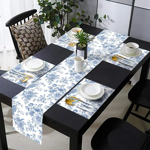 Juego de 6 manteles individuales y camino de mesa floral azul y blanco, elegante juego de tapetes de comedor de lino con patrón botánico vintage,