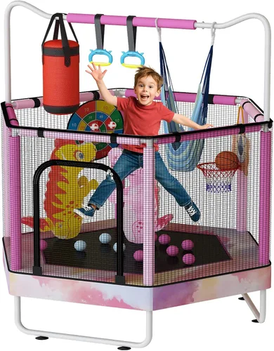 Miniatura 21 de LAMERGE Trampolín redondo 7 en 1 de 55 pulgadas para niños y niñas de 1 a 8 años, trampolín para interiores y exteriores para diversión, barandilla