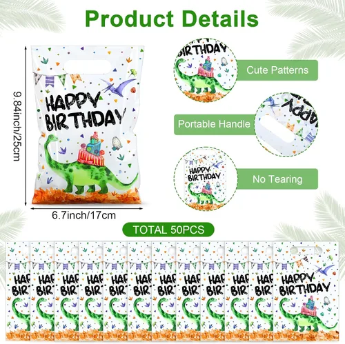 Miniatura 2 de Colarr 50 bolsas de plástico para recuerdos de fiesta de dinosaurios, bolsas de regalo de dinosaurio, bolsas de cumpleaños de dinosaurios con asa