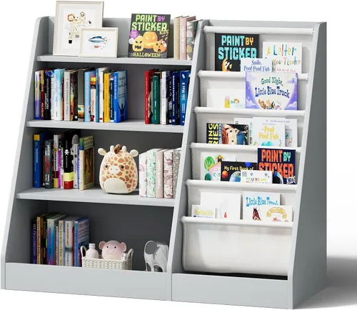 Miniatura 21 de Estantería de 4 niveles para niños de madera, estantería de cinco capas para libros de niños, estante de almacenamiento para bebés y niños pequeños