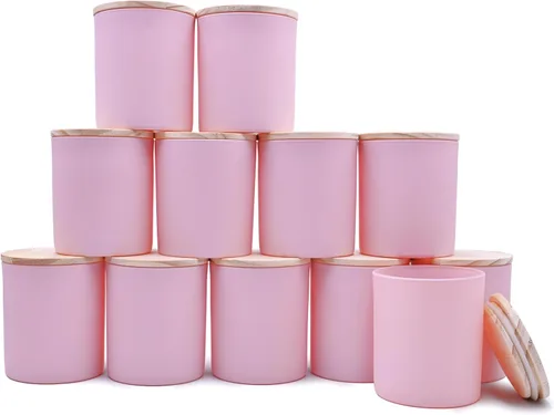 Miniatura 51 de SHOWIN Tarros de vela gruesos de 14 OZ para hacer velas 12 Piezas, tarros vacíos de 3 mechas con tapas de madera para hacer velas, recipiente