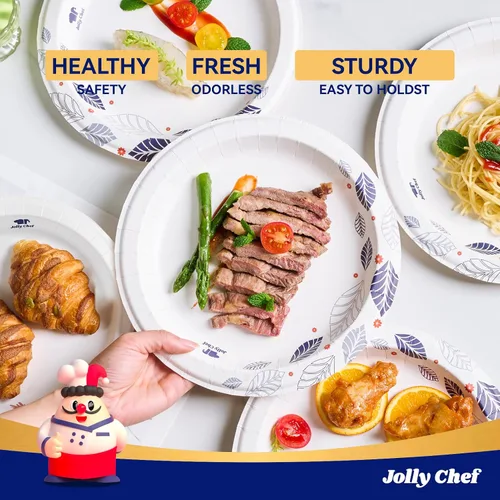Miniatura 5 de JOLLY CHEF 140 platos de papel de 10 pulgadas, a prueba de remojo, a prueba de cortes, platos de papel desechables impresos de hojas resistentes