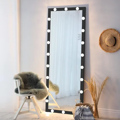 Miniatura 14 de ANYHI Espejo de cuerpo entero con luces, 62.6 x 23.3 pulgadas, espejo LED de cuerpo entero de pie con 22 bombillas regulables, espejo de piso