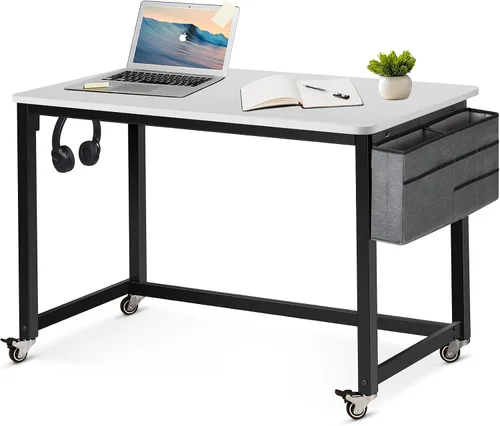 Miniatura 9 de AHB Escritorio para computadora con 4 ruedas lisas, escritorio móvil de estilo simple, mesa de estudio para oficina en casa, estación de trabajo