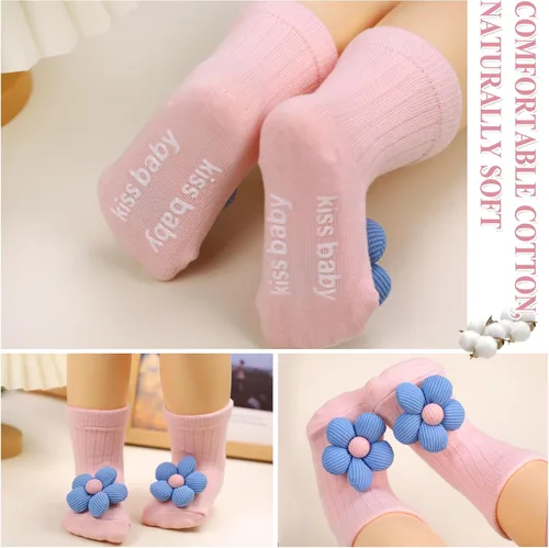 Miniatura 4 de Paquete de 4 calcetines antideslizantes de flores con empuñaduras para bebés recién nacidos, niñas y niños pequeños