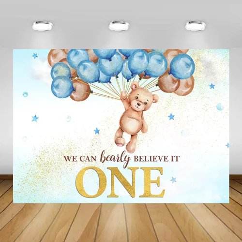 MEHOFOND We Can Bearly Believe It One - Fondo para decoración de primer cumpleaños para niño, globo de oso azul, pancarta de primer cumpleaños,