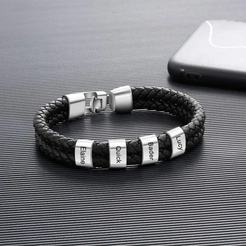 Miniatura 5 de Pulseras de cuero personalizadas para hombre, pulsera con nombre para papá, grabado gratuito, cuentas de nombre de familia, pulseras