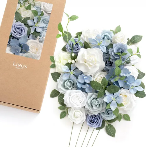 Miniatura 33 de Ling's moment Caja de Flores Falsas, Tallos de Vegetación Artificial Falsa Rosas de Espuma Dalias de Seda Hojas de Rosa Flor de Tela para Centros