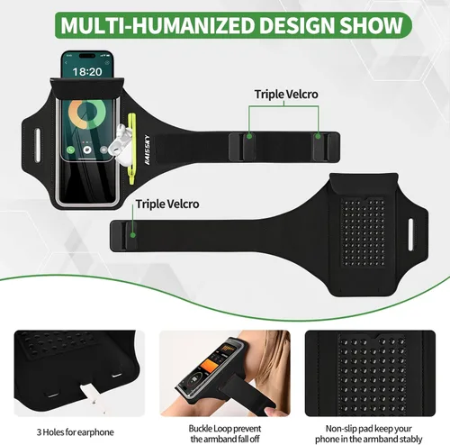 Miniatura 6 de Brazalete para Correr con Bolsa para Auriculares para iPhone 16/15/14 Max/Pro/Plus y Galaxy S20/S10, Compatible con Pantalla Táctil, Soporte