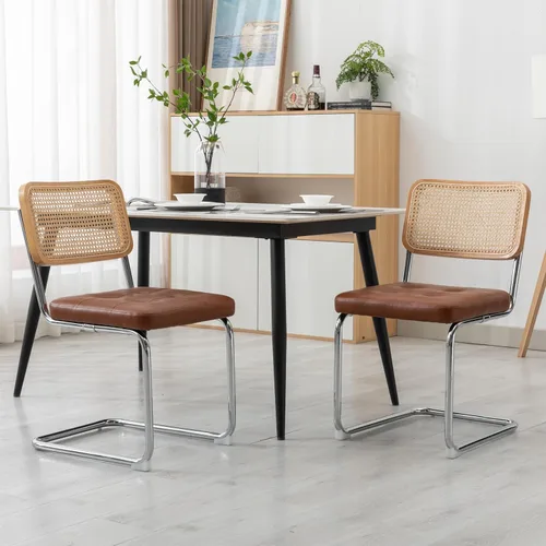 Miniatura 13 de KCC Juego de 2 sillas de comedor modernas de mediados de siglo, ratán de piel sintética, sillas auxiliares de comedor de cocina con patas de metal