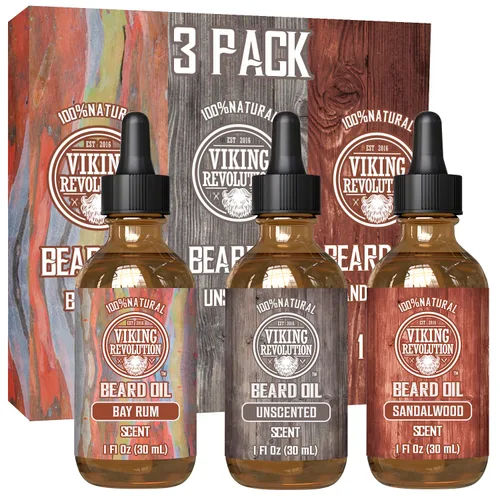 Viking Revolution Aceite para barba para hombres, paquete de 3 – Aceite natural para barba para hombre, juego variado Set 2 – aromas de sándalo, sin