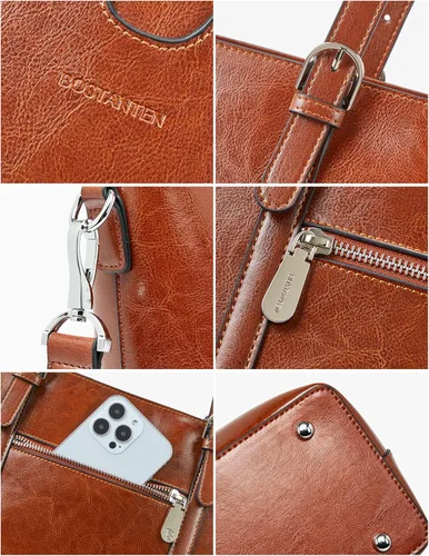 Miniatura 6 de BOSTANTEN Bolso de mano de cuero para mujer para laptop, bolsa al hombro de oficina, maletín vintage de 15.6 pulgadas, bolso de trabajo