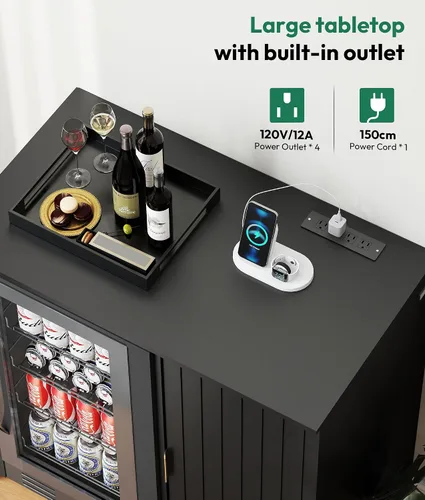 Miniatura 6 de Lamtor Barra de café con espacio para mini refrigerador, gabinete de barra de café con toma de corriente, mini gabinete de nevera estriado