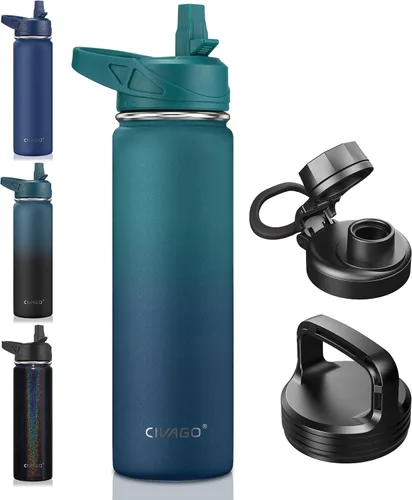 Miniatura 55 de CIVAGO Botella de agua aislada de 22 onzas con pajita, frasco de agua deportiva de acero inoxidable con 3 tapas