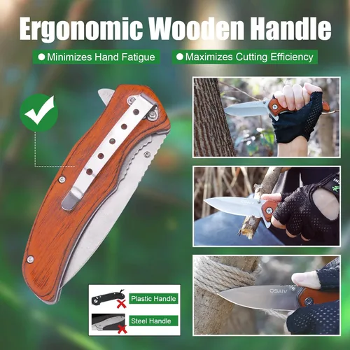 Miniatura 3 de Juego de cuchillos de madera plegables de bolsillo, cuchillos tácticos plegables EDC de apertura segura con cerradura, cuchillo pequeño y afilado