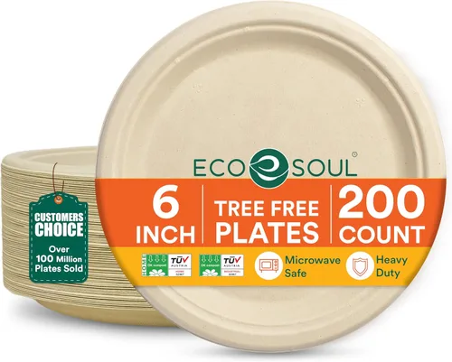 Miniatura 35 de ECO SOUL Compostable Paper Plates 9 Inch, 500 Pack – Heavy Duty Disposable Dinner Paper Plates, White Bagasse, Leak-Resistant, Microwave Safe