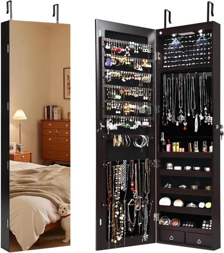 Giantex Armario de joyería para puerta de pared con espejo de longitud completa, 2 LED con cerradura grande organizador de joyas con espejo ancho,