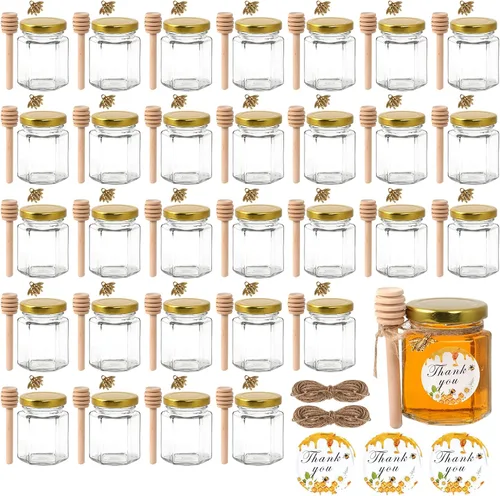 Miniatura 10 de Mini tarros de miel de 1.5 onzas – Paquete de 60 tarros hexagonales de vidrio con varitas de miel de madera, tapas doradas, colgantes de abeja
