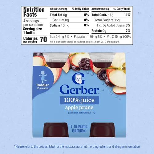 Miniatura 2 de Gerber Zumo de ciruela de manzana, jugo sin OMG de concentrado, hecho para niños pequeños, botellas de 4-4 onzas líquidas por paquete (paquete de 6)