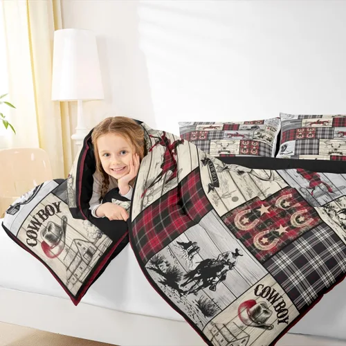 Miniatura 5 de Erosebridal Juego de edredón para niños y niñas, juego de ropa de cama con estampado de vaquero, diseño de granja, a cuadros, caballo y vaca