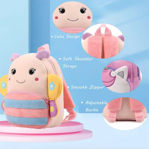 Miniatura 6 de Mochila pequeña para niños y niñas, linda mochila pequeña de dibujos animados de animales de felpa suave para niños de 2 a 6 años, Mariposa-h Rosa