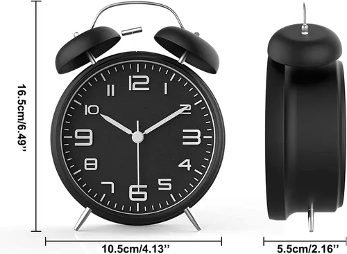 Miniatura 6 de Azyh Reloj despertador ruidoso para adultos que duermen pesados, de metal de 4 pulgadas, doble campana, funciona con pilas, para decoración de Negro