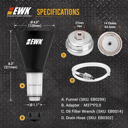 Miniatura 2 de EWK Llave de filtro de aceite de 2.520 in, manguera de drenaje y embudo de aceite, kit completo de cambio de aceite de aluminio forjado sin desorden