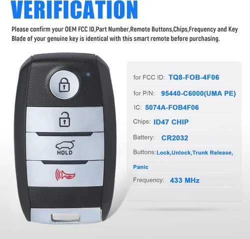 Miniatura 3 de Keymall Reemplazo inteligente de llavero de coche para Kia Sorento 2015 2016 2017 2018 FCC ID: TQ8-FOB-4F06 P/N 95440-C6000 433MHZ 4 botones