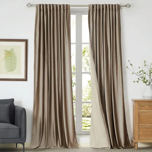 Miniatura 19 de Cortinas opacas de terciopelo dorado de 108 pulgadas para sala de estar, totalmente opacas, elegantes, 2 paneles con pestaña trasera, aislamiento