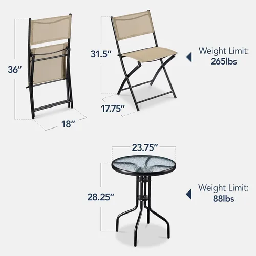 Miniatura 2 de Best Choice Products Juego de muebles de comedor de 3 piezas con mesa de vidrio texturizado, 2 sillas plegables de acero, tela de poliéster