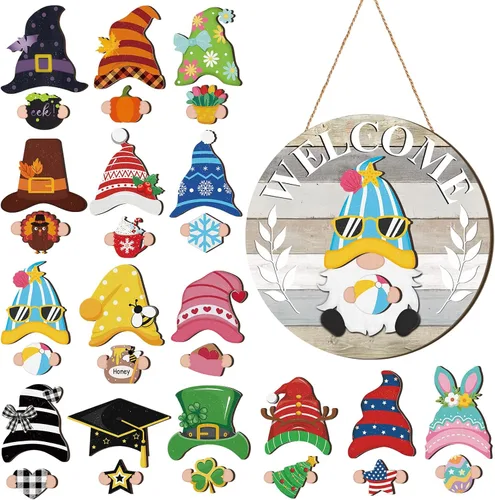 Miniatura 17 de Qunclay 31 piezas 3D de grano natural intercambiable de madera gnomo para puerta, decoraciones navideñas de gnomo con piezas magnéticas y sombreros