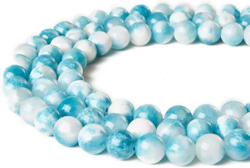 Miniatura 3 de 45 cuentas de jade azul y blanco de 0.315 pulgadas, cuentas de piedras preciosas naturales redondas sueltas para hacer joyas Jade blanco azul