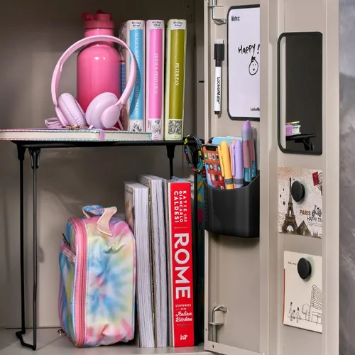 Miniatura 2 de LockerMate Kit organizador de casillero de 7 piezas, incluye estante de casillero, espejo, pizarra blanca, taza de almacenamiento y marcador de Negro