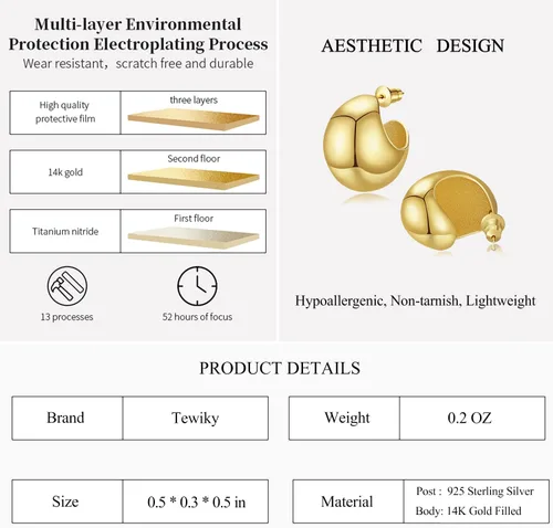 Miniatura 11 de Aretes de aro gruesos de oro para mujer, chapados en oro de 14 quilates, aretes de aro triple, hipoalergénicos, a la moda, aretes de aro gruesos
