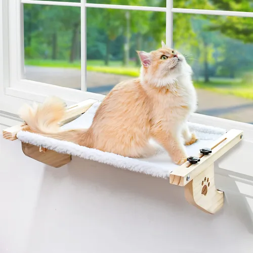 AMOSIJOY Percha de Ventana para Gato Hamaca Resistente para Gato Asiento de Ventana con Marco de Madera y Metal para Gatos Grandes, Cama para Gatos