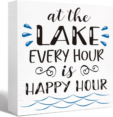 Letrero de madera con texto en inglés "Lake Every Hour is Happy Hour", decoración de escritorio para el hogar, dormitorio, oficina, escritorio, en