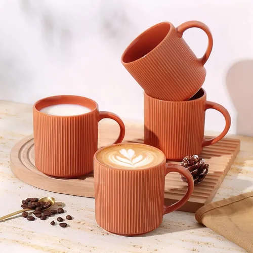 Miniatura 7 de MONITO Juego de 4 tazas de café de 16 onzas, tazas de café rústicas de cerámica con asa grande, tazas de café de gres vintage a rayas para leche