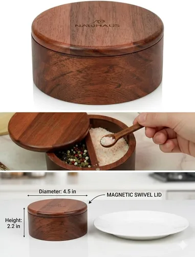 Miniatura 3 de Juego de cuencos de sal y pimienta de madera de acacia con tapa magnética giratoria y cuchara, organizador ecológico para encimera de cocina