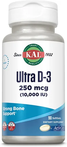 KAL Ultra Vitamina D3 10000 UI (250 mcg) - Cápsulas blandas de vitamina D de alta potencia para mujeres y hombres - Huesos fuertes y suplemento de