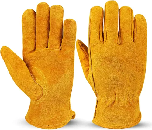 OZERO Guantes de trabajo de piel de vaca con agarre flexible para cortar madera, construcción, conducción de camiones, jardín/patio para trabajo
