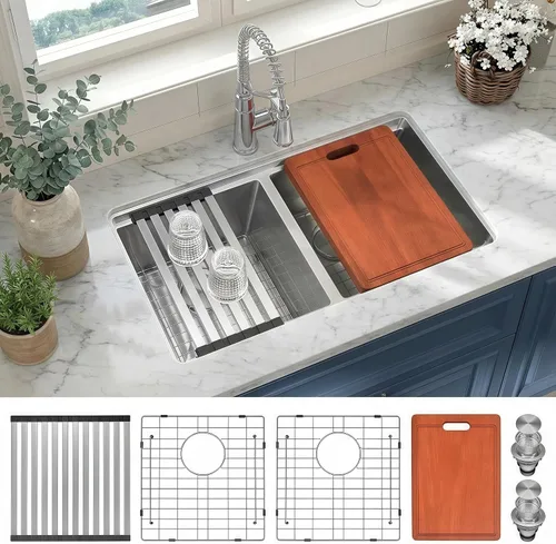 Miniatura 33 de LQS Fregadero de cocina dorado de 32 x 18 pulgadas, fregaderos de cocina empotrados, fregaderos de acero inoxidable de doble tazón 50/50