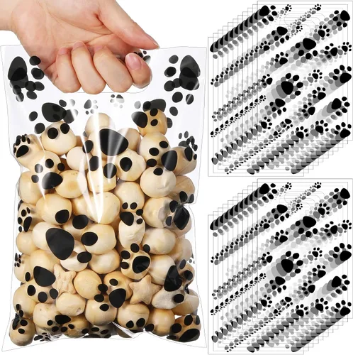 Miniatura 14 de Pasimy 100 bolsas de regalo de pata de perro a granel, diseño de pata de mascota, bolsas de plástico con asa para decoración de fiesta de cumpleaños
