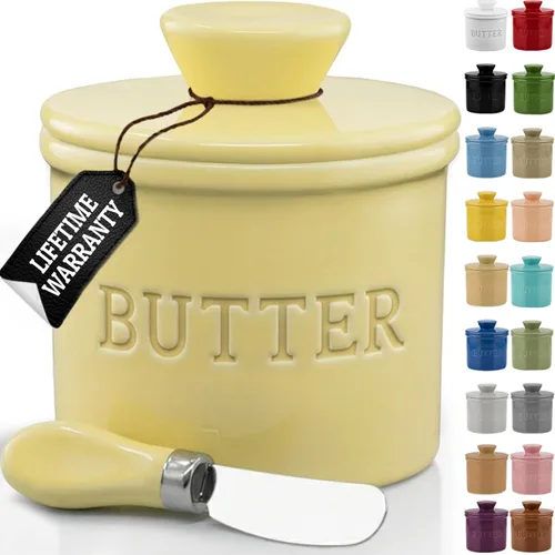 Miniatura 39 de PriorityChef - Mantequera con tapa con línea de agua, plato de mantequilla francesa de cerámica para dejar en la encimera, color caqui