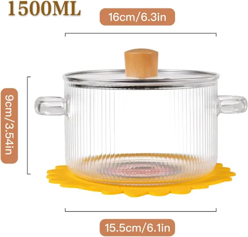 Miniatura 2 de Olla de Cocina de Vidrio Transparente con Tapa y Cepillo para Estufa - 1.5L (51oz) Olla de Vidrio Borosilicato con Cubierta - Juego de Olla