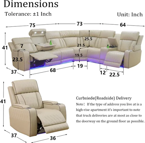 Sofá Seccional Reclinable Eléctrico con Luz LED para Sala de Estar, Juego de Sofá Seccional de Esquina Reclinable de Cuero Sintético, Portavasos,
