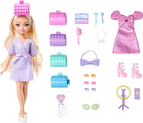 Muñeca de moda Barbie Dream GET Ready Malibu con cabello estilizado, incluye accesorios sorpresa para el cabello y más de 15 looks