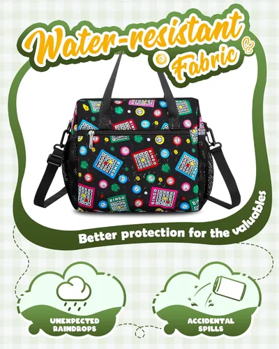 Miniatura 5 de Bolsa de bingo para Daubers Dabbers Dobbers Dotters resistente al agua, bolsa de accesorios de bingo con bolsillos para adultos mayores (negro/verde)