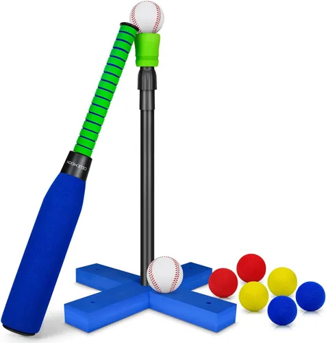 CeleMoon Set de Tball de Espuma para Niños Pequeños de 3-5, Juego de Bate de Béisbol y Sóftbol con Soporte de Bateo Ajustable, 8 Pelotas de Colores,